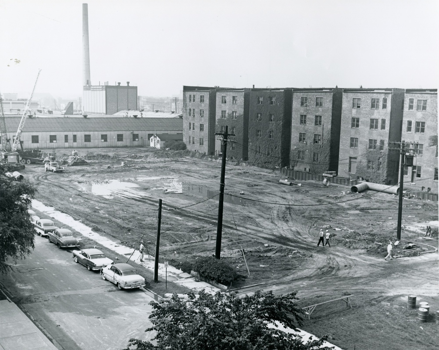 Rear of Chapin Hall (left) and the Physics Building (right), with the future site of Crerar Library in the foreground