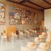 Carr Chapel interior with wall hangings, Illinois Institute of Technology, Chicago, IL, 1978