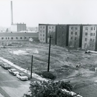 Rear of Chapin Hall (left) and the Physics Building (right), with the future site of Crerar Library in the foreground